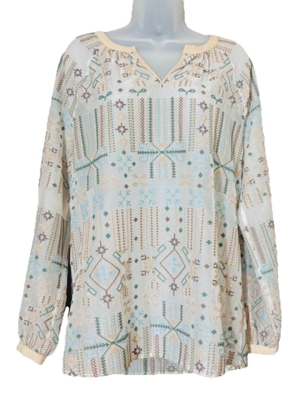 SOFT SURROUNDINGS Sanibella Embroidered Raglan Tunic Top M Boho Beige Blue Green